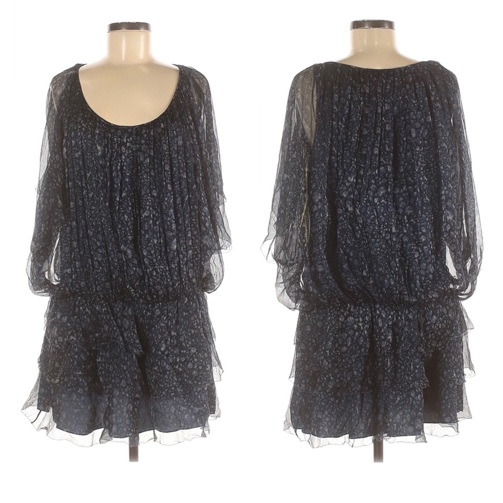 CATHERINE MALANDRINO 100% Silk Chiffon Flutter Sleeve Drop Waist Mini Dress